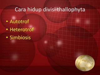 Cara hidup divisi thallophyta
• Autotrof
• Heterotrof
• Simbiosis
 