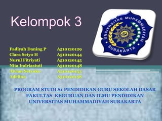 Fadiyah Daning P A510120129
Clara Setyo H A510120144
Nurul Fitriyati A510120145
Nita Indriastuti A510120148
Alvian Setyoko A510120153
Adelina A510120158
 