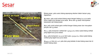 04/17/15 12
Bidang sesar, yaitu suatu bidang sepanjang rekahan dalam batuan yang
digeserkan.
Dip sesar, yaitu sudut antara bidang sesar dengan bidang horizontal serta
diukur tegak lurus dengan jurus sesar. Strike dan dip sesar menunjukkan
kedudukan dari bidang sesar.
Hade, yaitu sudut antara garis vertikal dengan bidang sesar dan merupakan
penyiku dari dip sesar.
Throw, yaitu komponen vertikal dari slip/separation diukur pada bidang vertikal
yang tegak lurus jurus seasar.
Heave, yaitu komponen horizontal dari suatu slip/separtion, diukur pada bidang
vertikal yang tegak lurus jurus sesar.
Hanging wall dan foot wall, yaitu blok yang terletak di atas bidang sesar dan di
bawah bidang sesar.
 