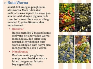 o Buta Warna
adalah kekurangan penglihatan
atas warna. Mata tidak akan
melihat warna seperti biasanya jika
ada masalah dengan pigmen pada
reseptor warna. Buta warna dibagi
menjadi 2, yaitu dikromat dan
monokromat.
 Dikromat
Hanya memiliki 2 macam konus
(sel yang peka terhadap warna
merah, hijau, dan biru) yang
normal. Menyebabkan buta
warna sebagian dam hanya bisa
mengkombinasikan 2 warna
 Monokromat
Keadaan mata yang hanya
mampu membedakan warna
hitam dengan putih serta
bayangan kelabu
 
