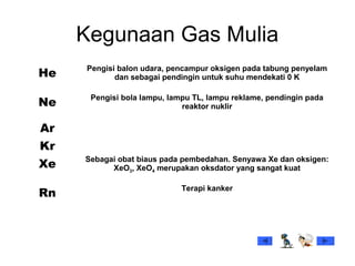 Kegunaan Gas Mulia
He
Pengisi balon udara, pencampur oksigen pada tabung penyelam
dan sebagai pendingin untuk suhu mendekati 0 K
Ne
Pengisi bola lampu, lampu TL, lampu reklame, pendingin pada
reaktor nuklir
Ar
Kr
Xe
Sebagai obat biaus pada pembedahan. Senyawa Xe dan oksigen:
XeO3, XeO4 merupakan oksdator yang sangat kuat
Rn Terapi kanker
 