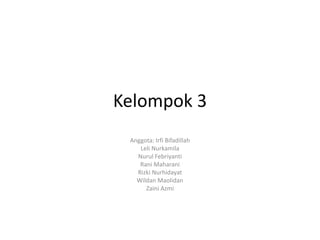 Kelompok 3
Anggota: Irfi Bifadillah
Leli Nurkamila
Nurul Febriyanti
Rani Maharani
Rizki Nurhidayat
Wildan Maolidan
Zaini Azmi
 