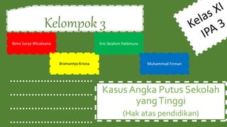 ...........................
...........................
...........................
...........................
KasusAngka Putus Sekolah
yangTinggi
(Hak atas pendidikan)
Bima Surya Wicaksana
Bramantya Krisna
Eric Ibrahim Pattimura
Muhammad Firman
Kelompok 3
 