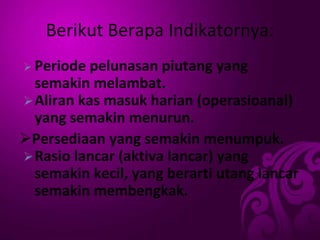 Berikut Berapa Indikatornya:
 Periode pelunasan piutang yang
semakin melambat.
Aliran kas masuk harian (operasioanal)
yang semakin menurun.
Persediaan yang semakin menumpuk.
Rasio lancar (aktiva lancar) yang
semakin kecil, yang berarti utang lancar
semakin membengkak.
 