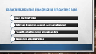 KARAKTERISTIK MEDIA TRANSMISI INI BERGANTUNG PADA
Jenis alat Elektronika
Data yang digunakan oleh alat elektronika tersebut

Tingkat keefektifan dalam pengiriman data
Ukuran data yang dikirimkan

 