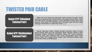 TWISTED PAIR CABLE
Kabel STP (Shielded
Twisted Pair)

Kabel UTP (UnShielded
Twisted Pair)

•

Salah satu jenis kabel yang digunakan dalam jaringan komputer. Kabel
ini berisi dua pasang kabel (empat kabel) yang setiap pasang dipilin. Kabel
STP lebih tahan terhadap gangguan yang disebebkan posisi kabel yang
tertekuk. Pada kabel STP attenuasi akan meningkat pada frekuensi tinggi
sehingga menimbulkan crosstalk dan sinyal noise.

•

Banyak digunakan dalam instalasi jaringan komputer. Kabel ini berisi
empat pasang kabel yang tiap pasangnya dipilin (twisted). Kabel ini tidak
dilengkapi dengan pelindung (unshilded). Kabel UTP mudah dipasang,
ukurannya kecil, dan harganya lebih murah dibandingkan jenis media
lainnya. Kabel UTP sangat rentan dengan efek interferensi elektris yang
berasal dari media di sekelilingnya.

 