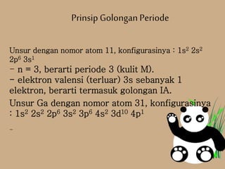 Unsur dengan nomor atom 11, konfigurasinya : 1s2 2s2
2p6 3s1
- n = 3, berarti periode 3 (kulit M).
- elektron valensi (terluar) 3s sebanyak 1
elektron, berarti termasuk golongan IA.
Unsur Ga dengan nomor atom 31, konfigurasinya
: 1s2 2s2 2p6 3s2 3p6 4s2 3d10 4p1
-
Prinsip GolonganPeriode
 