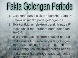 1. Jika konfigurasi elektron berakhir pada sn
maka unsur tsb pada golongan nA
2. Jika konfigurasi elektron berakhir pada Pn
maka unsur tsb terdapat pada golongan
(n+2)A
3. Jika konfigurasi elektron berakhir pada dn
maka unsur tsb terdapat pada golongan
(n+2)B berjumlah 8, 9, 10 unsur tsb
4.. Jika konfigurasi elektron berakhir pada fn
maka unsur tsb terdapat pada Lantanida
 