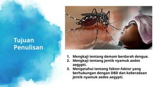 1. Mengkaji tentang demam berdarah dengue.
2. Mengkaji tentang jentik nyamuk aedes
aegypti.
3. Mengetahui tentang faktor-faktor yang
berhubungan dengan DBD dan keberadaan
jentik nyamuk aedes aegypti.
Tujuan
Penulisan
 