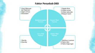 1.Distribusi musiman
2.Faktor iklim
3.Faktor lingkungan
1.Serotip
2.Genotip
1.Gejala klinis
2.Infeksi primer
3.Infeksi sekunder
4.Respon tubuh
1.Host (Manusia
dan Nyamuk)
2.Agen (Virus)
3.Ekosistem
Epidemiological
Factors
Human Risk
Factors
Abiotic Risk
Factors
Virus Risk
Factors
Faktor Penyebab DBD
 
