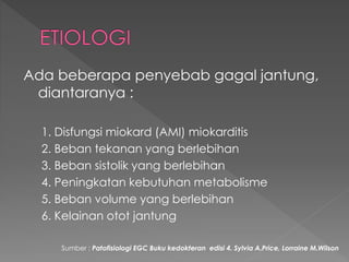 Ada beberapa penyebab gagal jantung,
diantaranya :
1. Disfungsi miokard (AMI) miokarditis
2. Beban tekanan yang berlebihan
3. Beban sistolik yang berlebihan
4. Peningkatan kebutuhan metabolisme
5. Beban volume yang berlebihan
6. Kelainan otot jantung
Sumber : Patofisiologi EGC Buku kedokteran edisi 4. Sylvia A.Price, Lorraine M.Wilson
 