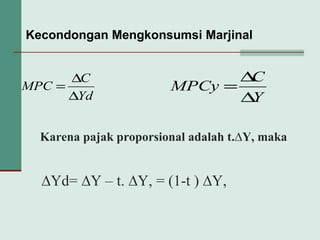 ∆Yd= ∆Y – t. ∆Y, = (1-t ) ∆Y,
Kecondongan Mengkonsumsi Marjinal
Karena pajak proporsional adalah t.∆Y, maka
Yd
C
MPC
∆
∆
=
Y
C
MPCy
∆
∆
=
 