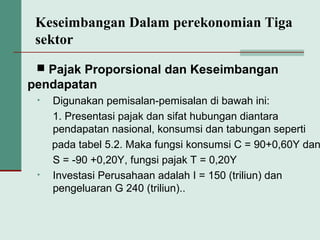 Keseimbangan Dalam perekonomian Tiga
sektor
 Pajak Proporsional dan Keseimbangan
pendapatan
• Digunakan pemisalan-pemisalan di bawah ini:
1. Presentasi pajak dan sifat hubungan diantara
pendapatan nasional, konsumsi dan tabungan seperti
pada tabel 5.2. Maka fungsi konsumsi C = 90+0,60Y dan
S = -90 +0,20Y, fungsi pajak T = 0,20Y
• Investasi Perusahaan adalah I = 150 (triliun) dan
pengeluaran G 240 (triliun)..
 