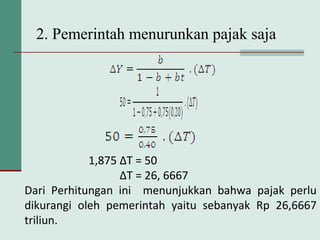 2. Pemerintah menurunkan pajak saja
1,875 ∆T = 50
∆T = 26, 6667
Dari Perhitungan ini menunjukkan bahwa pajak perlu
dikurangi oleh pemerintah yaitu sebanyak Rp 26,6667
triliun.
 