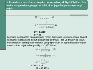 3. Pemerintah menaikkan pengeluarannya sebanyak Rp 10 Triliun, dan
usaha mengatasi pengangguran dilakukan juga dengan mengurangi
pajak.
∆Y = 2,5 (10)
∆Y = 25
kenaikan pendapatan nasional yang masih diperlukan untuk mencapai tingkat
konsumsi tenaga kerja penuh adalah: Rp 50 triliun – Rp 25 triliun= 25 triliun.
Pertambahan pendapatan nasional yang diperlukan ini dapat dicapai dengan
menurunkan pajak sebanyak Rp 13,3333 triliun.
18,75 ∆T = 25
∆T = 13,3333
 
