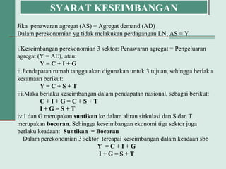 SYARAT KESEIMBANGANSYARAT KESEIMBANGAN
Jika penawaran agregat (AS) = Agregat demand (AD)
Dalam perekonomian yg tidak melakukan perdagangan LN, AS = Y
i.Keseimbangan perekonomian 3 sektor: Penawaran agregat = Pengeluaran
agregat (Y = AE), atau:
Y = C + I + G
ii.Pendapatan rumah tangga akan digunakan untuk 3 tujuan, sehingga berlaku
kesamaan berikut:
Y = C + S + T
iii.Maka berlaku keseimbangan dalam pendapatan nasional, sebagai berikut:
C + I + G = C + S + T
I + G = S + T
iv.I dan G merupakan suntikan ke dalam aliran sirkulasi dan S dan T
merupakan bocoran. Sehingga keseimbangan ekonomi tiga sektor juga
berlaku keadaan: Suntikan = Bocoran
Dalam perekonomian 3 sektor tercapai keseimbangan dalam keadaan sbb
Y = C + I + G
I + G = S + T
 
