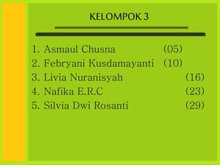 KELOMPOK 3
1. Asmaul Chusna (05)
2. Febryani Kusdamayanti (10)
3. Livia Nuranisyah (16)
4. Nafika E.R.C (23)
5. Silvia Dwi Rosanti (29)
 