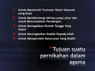 1.

Untuk Memenuhi Tuntutan Naluri Manusia
yang Asasi

2.

Untuk Membentengi Akhlaq yang Luhur dan
untuk Menundukkan Pandangan.

3.

Untuk Menegakkan Rumah Tangga Yang
Islami

4.
5.

Untuk Meningkatkan Ibadah Kepada Allah
Untuk Memperoleh Keturunan Yang Shalih

*

 