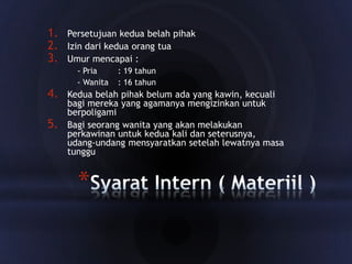 1.
2.
3.
4.
5.

Persetujuan kedua belah pihak
Izin dari kedua orang tua
Umur mencapai :
- Pria
- Wanita

: 19 tahun
: 16 tahun

Kedua belah pihak belum ada yang kawin, kecuali
bagi mereka yang agamanya mengizinkan untuk
berpoligami
Bagi seorang wanita yang akan melakukan
perkawinan untuk kedua kali dan seterusnya,
udang-undang mensyaratkan setelah lewatnya masa
tunggu

*

 