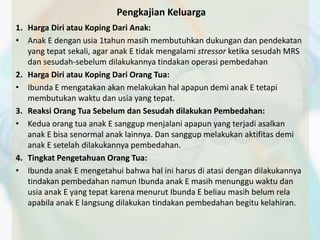 Pengkajian Keluarga 
1. Harga Diri atau Koping Dari Anak: 
• Anak E dengan usia 1tahun masih membutuhkan dukungan dan pendekatan 
yang tepat sekali, agar anak E tidak mengalami stressor ketika sesudah MRS 
dan sesudah-sebelum dilakukannya tindakan operasi pembedahan 
2. Harga Diri atau Koping Dari Orang Tua: 
• Ibunda E mengatakan akan melakukan hal apapun demi anak E tetapi 
membutukan waktu dan usia yang tepat. 
3. Reaksi Orang Tua Sebelum dan Sesudah dilakukan Pembedahan: 
• Kedua orang tua anak E sanggup menjalani apapun yang terjadi asalkan 
anak E bisa senormal anak lainnya. Dan sanggup melakukan aktifitas demi 
anak E setelah dilakukannya pembedahan. 
4. Tingkat Pengetahuan Orang Tua: 
• Ibunda anak E mengetahui bahwa hal ini harus di atasi dengan dilakukannya 
tindakan pembedahan namun Ibunda anak E masih menunggu waktu dan 
usia anak E yang tepat karena menurut Ibunda E beliau masih belum rela 
apabila anak E langsung dilakukan tindakan pembedahan begitu kelahiran. 
 