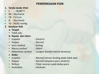 1. Tanda-tanda Vital: 
• S : 36,800 C 
• RR : 36x/menit 
• TB : 73,9 cm 
• N : 36x/menit 
• TD : 99/65 mmHg 
2 Keadaan fisik 
PEMERIKSAAN FISIK 
a. Tangan 
• Tidak ada. 
b Kepala dan leher: 
• Inspeksi : Simetris 
• Palpasi : Normal 
• Jenis rambut : Kriting 
• Warna rambut : Hitam 
• Kebersihan rambut : Lengket (kondisi belum keramas) 
c Dada: 
• Inspeksi : Normal (retrasi dinding dada tidak ada) 
• Palpasi : Normal (ekspansi paru simetris) 
• Perkusi : Tidak resonan pada kedua paru 
• Auskultasi : Vesikuler 
 