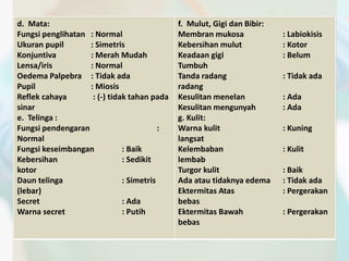 d. Mata: 
Fungsi penglihatan : Normal 
Ukuran pupil : Simetris 
Konjuntiva : Merah Mudah 
Lensa/iris : Normal 
Oedema Palpebra : Tidak ada 
Pupil : Miosis 
Reflek cahaya : (-) tidak tahan pada 
sinar 
e. Telinga : 
Fungsi pendengaran : 
Normal 
Fungsi keseimbangan : Baik 
Kebersihan : Sedikit 
kotor 
Daun telinga : Simetris 
(lebar) 
Secret : Ada 
Warna secret : Putih 
f. Mulut, Gigi dan Bibir: 
Membran mukosa : Labiokisis 
Kebersihan mulut : Kotor 
Keadaan gigi : Belum 
Tumbuh 
Tanda radang : Tidak ada 
radang 
Kesulitan menelan : Ada 
Kesulitan mengunyah : Ada 
g. Kulit: 
Warna kulit : Kuning 
langsat 
Kelembaban : Kulit 
lembab 
Turgor kulit : Baik 
Ada atau tidaknya edema : Tidak ada 
Ektermitas Atas : Pergerakan 
bebas 
Ektermitas Bawah : Pergerakan 
bebas 
 