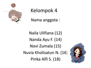 Kelompok 4
Nama anggota :
Naila Ulifiana (12)
Nanda Ayu F. (14)
Novi Zumala (15)
Nuvia Kholisatun N. (16)
Pinka Alfi S. (18)
 