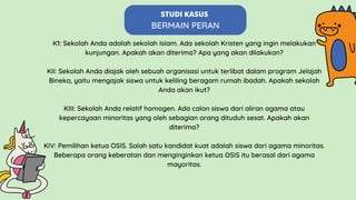 K1: Sekolah Anda adalah sekolah Islam. Ada sekolah Kristen yang ingin melakukan
kunjungan. Apakah akan diterima? Apa yang akan dilakukan?
KII: Sekolah Anda diajak oleh sebuah organisasi untuk terlibat dalam program Jelajah
Bineka, yaitu mengajak siswa untuk keliling beragam rumah ibadah. Apakah sekolah
Anda akan ikut?
KIII: Sekolah Anda relatif homogen. Ada calon siswa dari aliran agama atau
kepercayaan minoritas yang oleh sebagian orang dituduh sesat. Apakah akan
diterima?
KIV: Pemilihan ketua OSIS. Salah satu kandidat kuat adalah siswa dari agama minoritas.
Beberapa orang keberatan dan menginginkan ketua OSIS itu berasal dari agama
mayoritas.
STUDI KASUS
BERMAIN PERAN
 