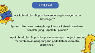 Apakah sekolah Bapak Ibu cenderung homogen atau
heterogen?
Apakah ditemukan cukup banyak unsur kebinekaan dalam
sekolah yang Bapak Ibu pimpin?
Apakah sekolah Bapak Ibu pada umumnya menjadi tempat
menumbuhkan penghargaan pada kebinekaan atau
sebaliknya?
REFLEKSI
 