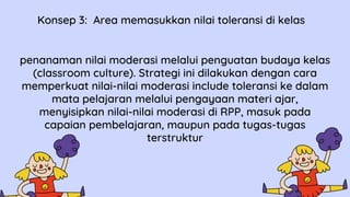 penanaman nilai moderasi melalui penguatan budaya kelas
(classroom culture). Strategi ini dilakukan dengan cara
memperkuat nilai-nilai moderasi include toleransi ke dalam
mata pelajaran melalui pengayaan materi ajar,
menyisipkan nilai-nilai moderasi di RPP, masuk pada
capaian pembelajaran, maupun pada tugas-tugas
terstruktur
Konsep 3: Area memasukkan nilai toleransi di kelas
 