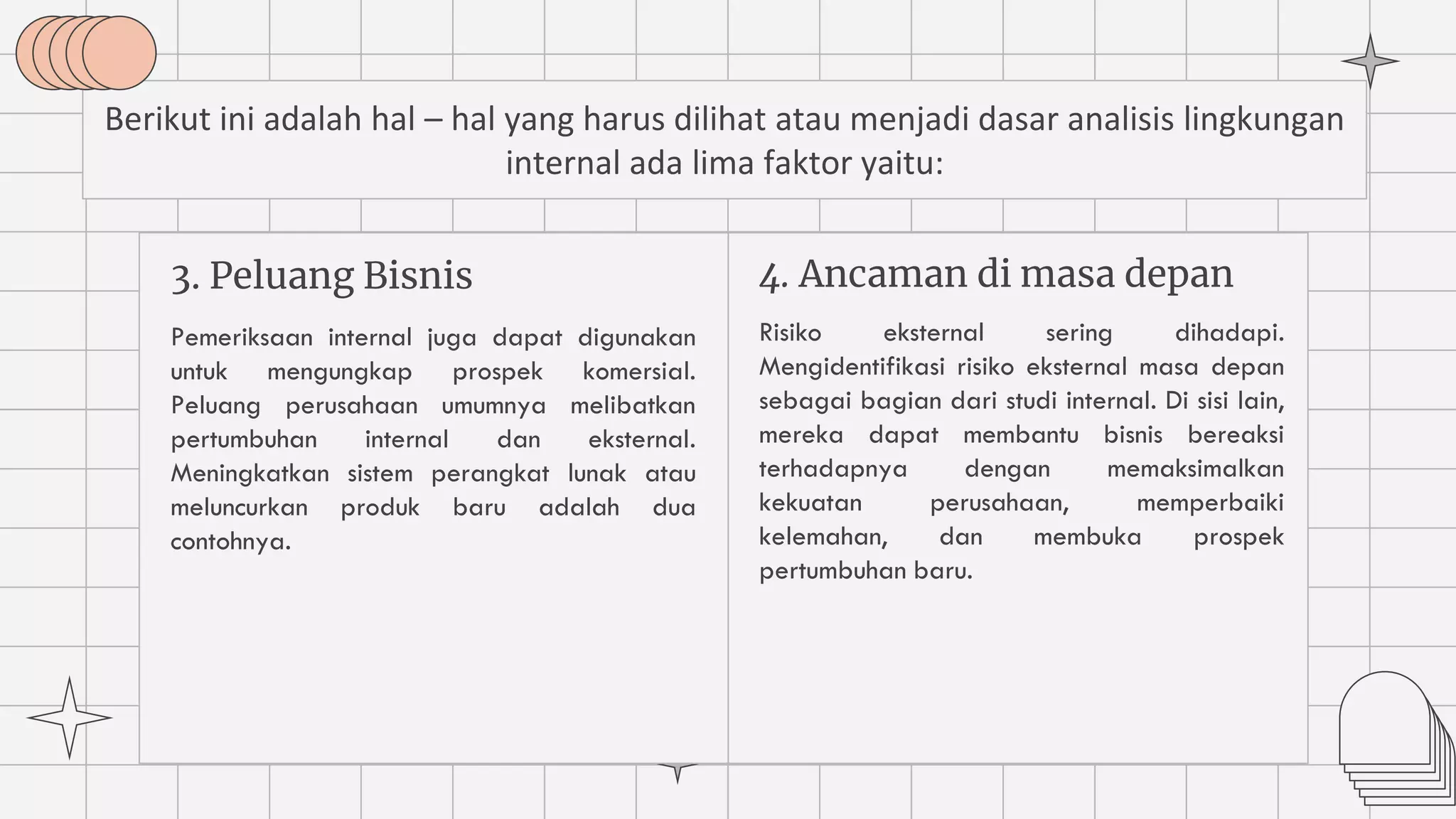 3. Peluang Bisnis
Pemeriksaan internal juga dapat digunakan
untuk mengungkap prospek komersial.
Peluang perusahaan umumnya melibatkan
pertumbuhan internal dan eksternal.
Meningkatkan sistem perangkat lunak atau
meluncurkan produk baru adalah dua
contohnya.
Berikut ini adalah hal – hal yang harus dilihat atau menjadi dasar analisis lingkungan
internal ada lima faktor yaitu:
Risiko eksternal sering dihadapi.
Mengidentifikasi risiko eksternal masa depan
sebagai bagian dari studi internal. Di sisi lain,
mereka dapat membantu bisnis bereaksi
terhadapnya dengan memaksimalkan
kekuatan perusahaan, memperbaiki
kelemahan, dan membuka prospek
pertumbuhan baru.
4. Ancaman di masa depan
 