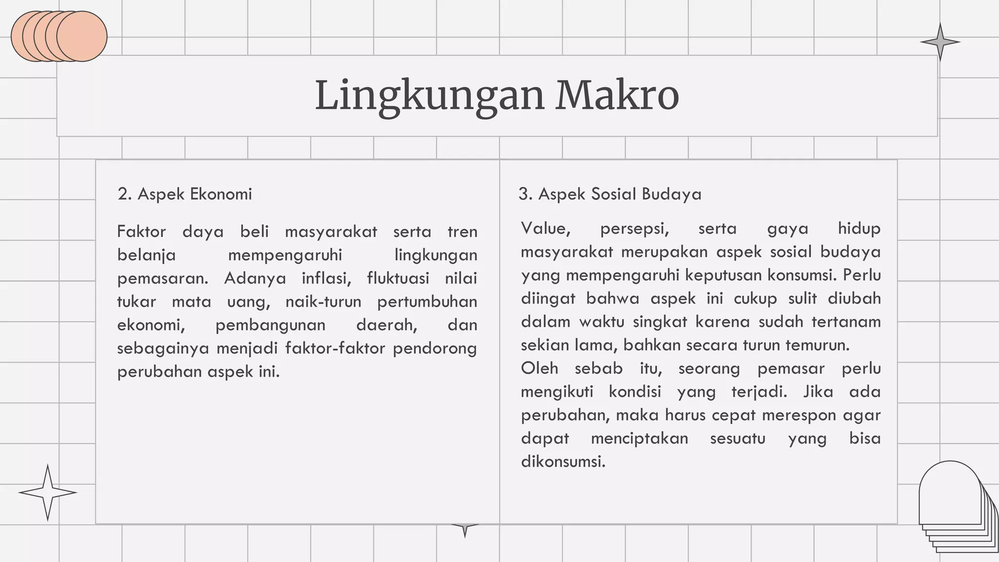 2. Aspek Ekonomi
Faktor daya beli masyarakat serta tren
belanja mempengaruhi lingkungan
pemasaran. Adanya inflasi, fluktuasi nilai
tukar mata uang, naik-turun pertumbuhan
ekonomi, pembangunan daerah, dan
sebagainya menjadi faktor-faktor pendorong
perubahan aspek ini.
Lingkungan Makro
Value, persepsi, serta gaya hidup
masyarakat merupakan aspek sosial budaya
yang mempengaruhi keputusan konsumsi. Perlu
diingat bahwa aspek ini cukup sulit diubah
dalam waktu singkat karena sudah tertanam
sekian lama, bahkan secara turun temurun.
Oleh sebab itu, seorang pemasar perlu
mengikuti kondisi yang terjadi. Jika ada
perubahan, maka harus cepat merespon agar
dapat menciptakan sesuatu yang bisa
dikonsumsi.
3. Aspek Sosial Budaya
 
