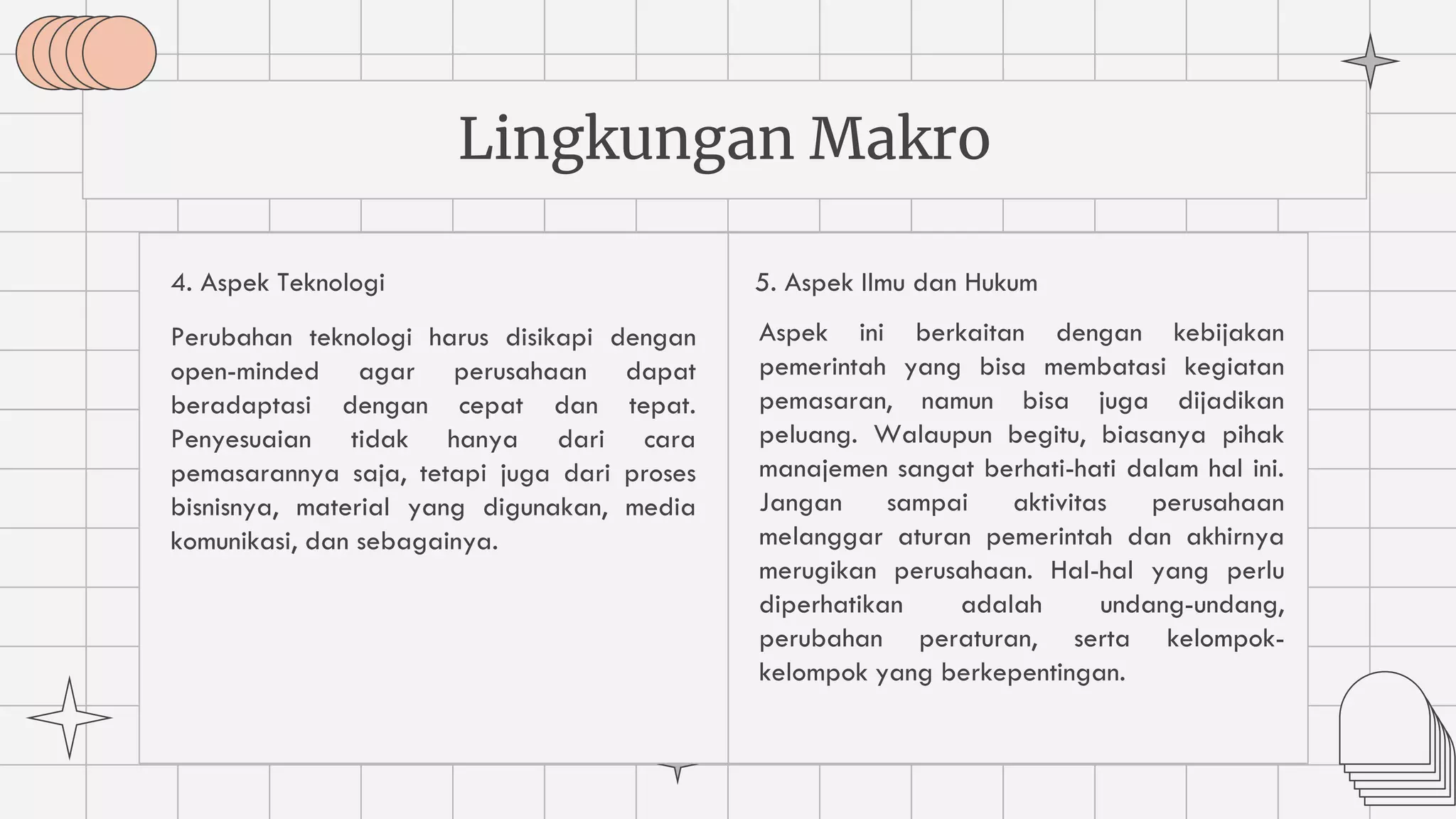 4. Aspek Teknologi
Perubahan teknologi harus disikapi dengan
open-minded agar perusahaan dapat
beradaptasi dengan cepat dan tepat.
Penyesuaian tidak hanya dari cara
pemasarannya saja, tetapi juga dari proses
bisnisnya, material yang digunakan, media
komunikasi, dan sebagainya.
Lingkungan Makro
Aspek ini berkaitan dengan kebijakan
pemerintah yang bisa membatasi kegiatan
pemasaran, namun bisa juga dijadikan
peluang. Walaupun begitu, biasanya pihak
manajemen sangat berhati-hati dalam hal ini.
Jangan sampai aktivitas perusahaan
melanggar aturan pemerintah dan akhirnya
merugikan perusahaan. Hal-hal yang perlu
diperhatikan adalah undang-undang,
perubahan peraturan, serta kelompok-
kelompok yang berkepentingan.
5. Aspek Ilmu dan Hukum
 