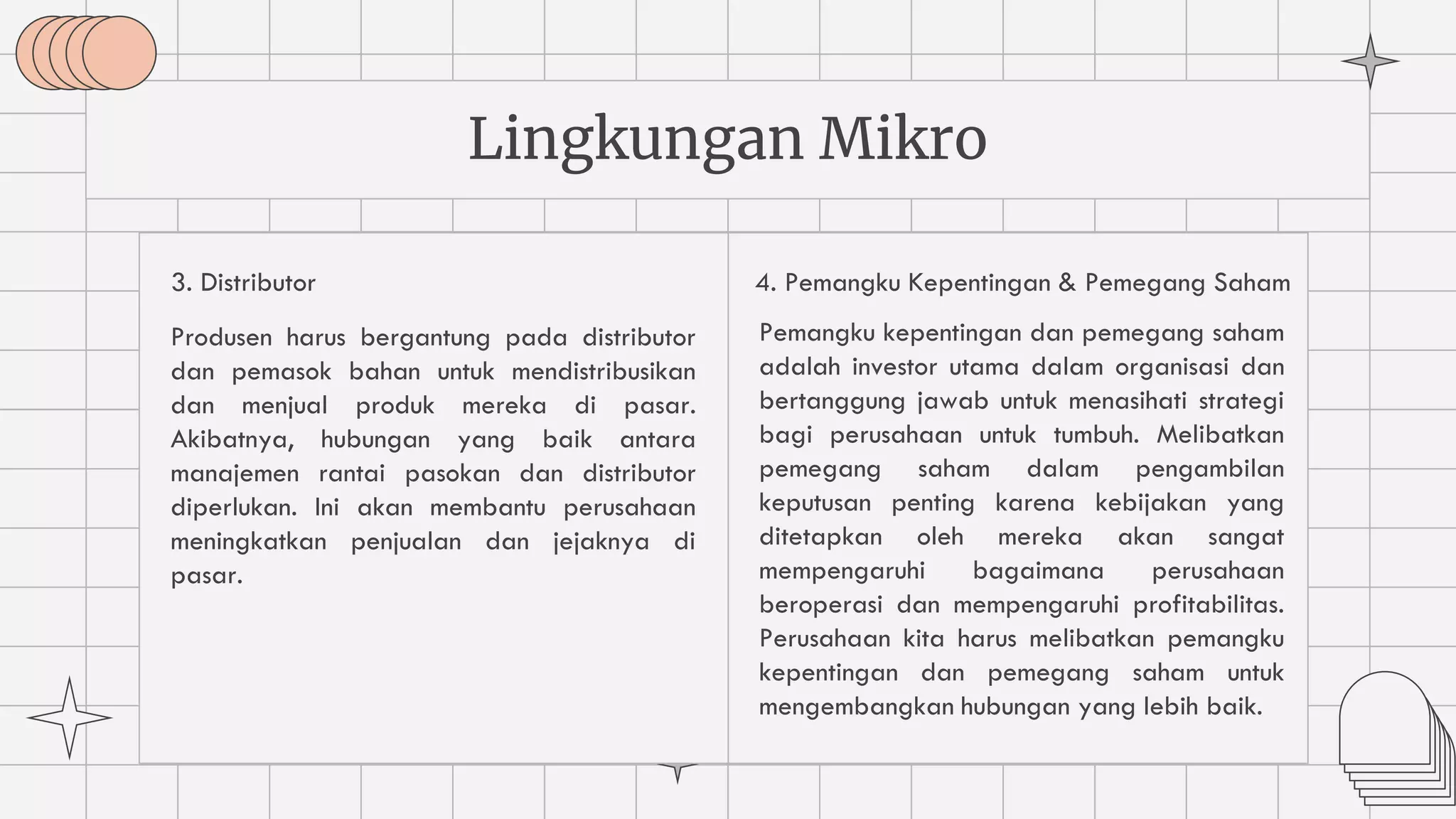 3. Distributor
Produsen harus bergantung pada distributor
dan pemasok bahan untuk mendistribusikan
dan menjual produk mereka di pasar.
Akibatnya, hubungan yang baik antara
manajemen rantai pasokan dan distributor
diperlukan. Ini akan membantu perusahaan
meningkatkan penjualan dan jejaknya di
pasar.
Lingkungan Mikro
Pemangku kepentingan dan pemegang saham
adalah investor utama dalam organisasi dan
bertanggung jawab untuk menasihati strategi
bagi perusahaan untuk tumbuh. Melibatkan
pemegang saham dalam pengambilan
keputusan penting karena kebijakan yang
ditetapkan oleh mereka akan sangat
mempengaruhi bagaimana perusahaan
beroperasi dan mempengaruhi profitabilitas.
Perusahaan kita harus melibatkan pemangku
kepentingan dan pemegang saham untuk
mengembangkan hubungan yang lebih baik.
4. Pemangku Kepentingan & Pemegang Saham
 