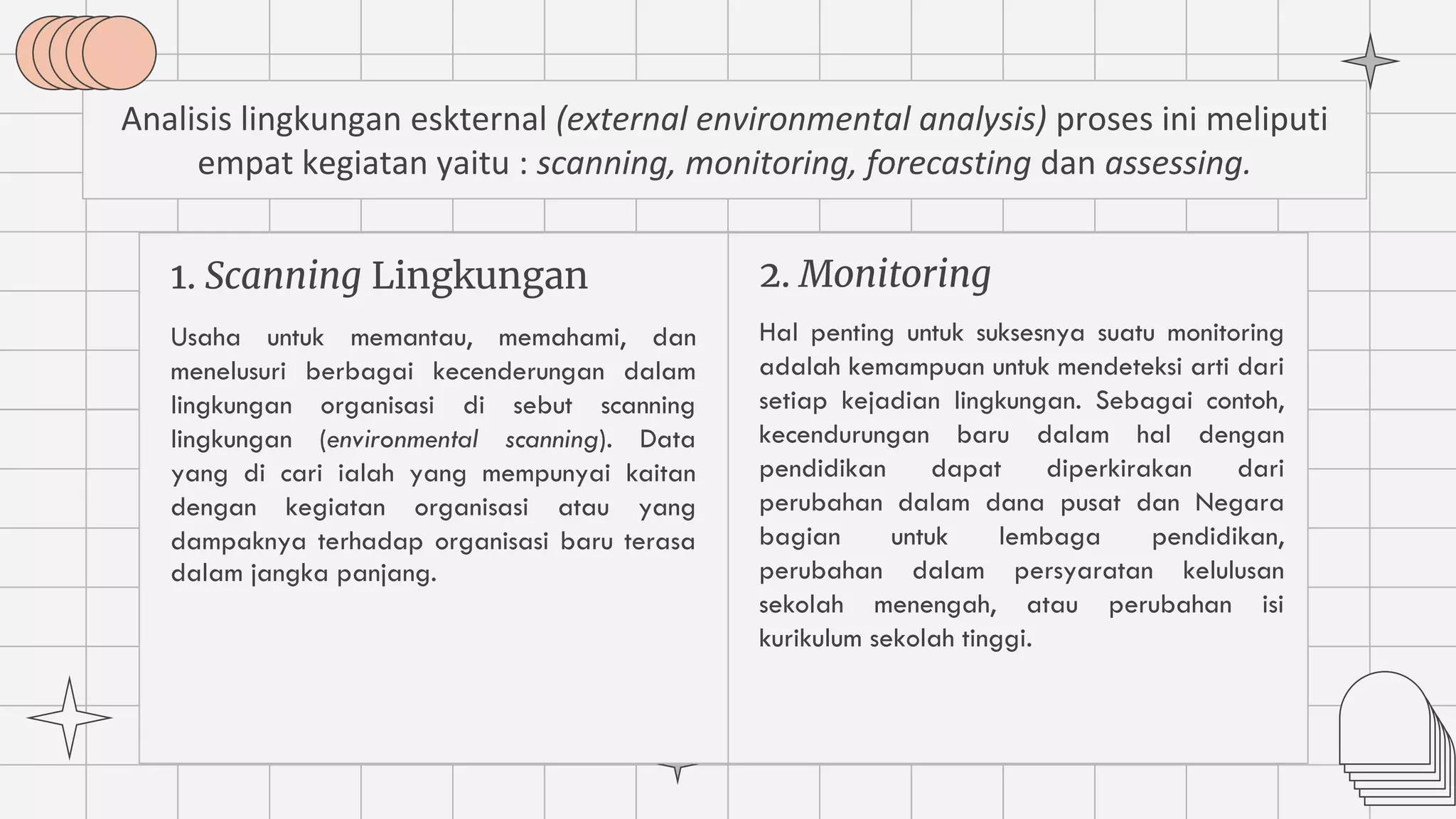 1. Scanning Lingkungan
Usaha untuk memantau, memahami, dan
menelusuri berbagai kecenderungan dalam
lingkungan organisasi di sebut scanning
lingkungan (environmental scanning). Data
yang di cari ialah yang mempunyai kaitan
dengan kegiatan organisasi atau yang
dampaknya terhadap organisasi baru terasa
dalam jangka panjang.
Analisis lingkungan eskternal (external environmental analysis) proses ini meliputi
empat kegiatan yaitu : scanning, monitoring, forecasting dan assessing.
Hal penting untuk suksesnya suatu monitoring
adalah kemampuan untuk mendeteksi arti dari
setiap kejadian lingkungan. Sebagai contoh,
kecendurungan baru dalam hal dengan
pendidikan dapat diperkirakan dari
perubahan dalam dana pusat dan Negara
bagian untuk lembaga pendidikan,
perubahan dalam persyaratan kelulusan
sekolah menengah, atau perubahan isi
kurikulum sekolah tinggi.
2. Monitoring
 
