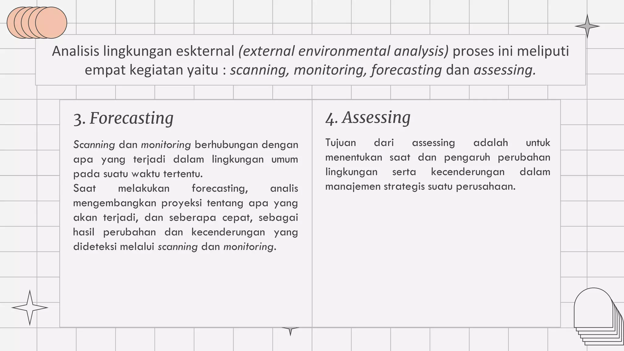 3. Forecasting
Scanning dan monitoring berhubungan dengan
apa yang terjadi dalam lingkungan umum
pada suatu waktu tertentu.
Saat melakukan forecasting, analis
mengembangkan proyeksi tentang apa yang
akan terjadi, dan seberapa cepat, sebagai
hasil perubahan dan kecenderungan yang
dideteksi melalui scanning dan monitoring.
Analisis lingkungan eskternal (external environmental analysis) proses ini meliputi
empat kegiatan yaitu : scanning, monitoring, forecasting dan assessing.
Tujuan dari assessing adalah untuk
menentukan saat dan pengaruh perubahan
lingkungan serta kecenderungan dalam
manajemen strategis suatu perusahaan.
4. Assessing
 