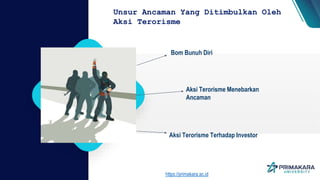Unsur Ancaman Yang Ditimbulkan Oleh
Aksi Terorisme
Bom Bunuh Diri
Aksi Terorisme Menebarkan
Ancaman
Aksi Terorisme Terhadap Investor
https://primakara.ac.id
 