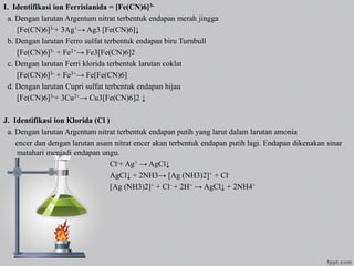 I. Identifikasi ion Ferrisianida = [Fe(CN)6]3-
a. Dengan larutan Argentum nitrat terbentuk endapan merah jingga
[Fe(CN)6]3-+ 3Ag+→ Ag3 [Fe(CN)6]↓
b. Dengan larutan Ferro sulfat terbentuk endapan biru Turnbull
[Fe(CN)6]3- + Fe2+→ Fe3[Fe(CN)6]2
c. Dengan larutan Ferri klorida terbentuk larutan coklat
[Fe(CN)6]3- + Fe3+→ Fe[Fe(CN)6]
d. Dengan larutan Cupri sulfat terbentuk endapan hijau
[Fe(CN)6]3-+ 3Cu2+→ Cu3[Fe(CN)6]2 ↓
J. Identifikasi ion Klorida (Cl )
a. Dengan larutan Argentum nitrat terbentuk endapan putih yang larut dalam larutan amonia
encer dan dengan larutan asam nitrat encer akan terbentuk endapan putih lagi. Endapan dikenakan sinar
matahari menjadi endapan ungu.
Cl-+ Ag+ → AgCl↓
AgCl↓ + 2NH3→ [Ag (NH3)2]+ + Cl-
[Ag (NH3)2]+ + Cl- + 2H+ → AgCl↓ + 2NH4+
 