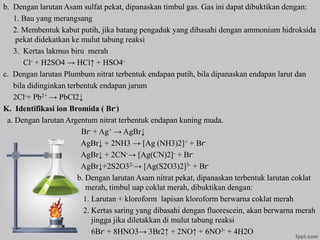 b. Dengan larutan Asam sulfat pekat, dipanaskan timbul gas. Gas ini dapat dibuktikan dengan:
1. Bau yang merangsang
2. Membentuk kabut putih, jika batang pengaduk yang dibasahi dengan ammonium hidroksida
pekat didekatkan ke mulut tabung reaksi
3. Kertas lakmus biru merah
Cl- + H2SO4 → HCl↑ + HSO4-
c. Dengan larutan Plumbum nitrat terbentuk endapan putih, bila dipanaskan endapan larut dan
bila didinginkan terbentuk endapan jarum
2Cl-+ Pb2+ → PbCl2↓
K. Identifikasi ion Bromida ( Br-)
a. Dengan larutan Argentum nitrat terbentuk endapan kuning muda.
Br- + Ag+ → AgBr↓
AgBr↓ + 2NH3 → [Ag (NH3)2]+ + Br-
AgBr↓ + 2CN-→ [Ag(CN)2]- + Br-
AgBr↓+2S2O32-→ [Ag(S2O3)2]3- + Br-
b. Dengan larutan Asam nitrat pekat, dipanaskan terbentuk larutan coklat
merah, timbul uap coklat merah, dibuktikan dengan:
1. Larutan + kloroform lapisan kloroform berwarna coklat merah
2. Kertas saring yang dibasahi dengan fluorescein, akan berwarna merah
jingga jika diletakkan di mulut tabung reaksi
6Br- + 8HNO3→ 3Br2↑ + 2NO↑ + 6NO3- + 4H2O
 