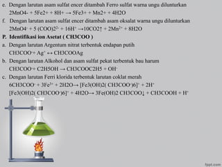 e. Dengan larutan asam sulfat encer ditambah Ferro sulfat warna ungu dilunturkan
2MnO4- + 5Fe2+ + 8H+ → 5Fe3+ + Mn2+ + 4H2O
f. Dengan larutan asam sulfat encer ditambah asam oksalat warna ungu dilunturkan
2MnO4- + 5 (COO)22- + 16H+ →10CO2↑ + 2Mn2+ + 8H2O
P. Identifikasi ion Asetat ( CH3COO )
a. Dengan larutan Argentum nitrat terbentuk endapan putih
CH3COO-+ Ag+ ↔ CH3COOAg
b. Dengan larutan Alkohol dan asam sulfat pekat terbentuk bau harum
CH3COO-+ C2H5OH → CH3COOC2H5 + OH-
c. Dengan larutan Ferri klorida terbentuk larutan coklat merah
6CH3COO- + 3Fe3+ + 2H2O→ [Fe3(OH)2( CH3COO-)6]+ + 2H+
[Fe3(OH)2( CH3COO-)6]+ + 4H2O→ 3Fe(OH)2 CH3COO↓ + CH3COOH + H+
 