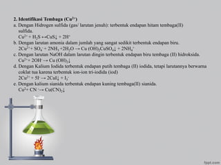 2. Identifikasi Tembaga (Cu2+)
a. Dengan Hidrogen sulfida (gas/ larutan jenuh): terbentuk endapan hitam tembaga(II)
sulfida.
Cu2+ + H2S ↔CuS↓ + 2H+
b. Dengan larutan amonia dalam jumlah yang sangat sedikit terbentuk endapan biru.
2Cu2++ SO4
- + 2NH3 +2H2O → Cu (OH)2CuSO4↓ + 2NH4
+
c. Dengan larutan NaOH dalam larutan dingin terbentuk endapan biru tembaga (II) hidroksida.
Cu2++ 2OH- → Cu (OH)2↓
d. Dengan Kalium Iodida terbentuk endapan putih tembaga (II) iodida, tetapi larutannya berwarna
coklat tua karena terbentuk ion-ion tri-iodida (iod)
2Cu2+ + 5I- → 2CuI↓ + I3
-
e. Dengan kalium sianida terbentuk endapan kuning tembaga(II) sianida.
Cu2+ CN -→ Cu(CN)2↓
 