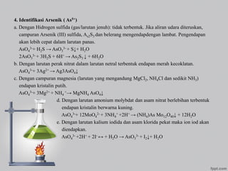 4. Identifikasi Arsenik ( As5+)
a. Dengan Hidrogen sulfida (gas/larutan jenuh): tidak terbentuk. Jika aliran udara diteruskan,
campuran Arsenik (III) sulfida, As2S3 dan belerang mengendapdengan lambat. Pengendapan
akan lebih cepat dalam larutan panas.
AsO4
3-+ H2S → AsO3
3- + S↓+ H2O
2AsO3
3- + 3H2S + 6H+ → As2S3 ↓ + 6H2O
b. Dengan larutan perak nitrat dalam larutan netral terbentuk endapan merah kecoklatan.
AsO4
3-+ 3Ag2+ → Ag3AsO4↓
c. Dengan campuran magnesia (larutan yang mengandung MgCl2, NH4Cl dan sedikit NH3)
endapan kristalin putih.
AsO4
3-+ 3Mg2+ + NH4
+→ MgNH4 AsO4↓
d. Dengan larutan amonium molybdat dan asam nitrat berlebihan terbentuk
endapan kristalin berwarna kuning.
AsO4
3-+ 12MoO4
2- + 3NH4
+ +2H+ → (NH4)As Mo12O40↓ + 12H2O
e. Dengan larutan kalium iodida dan asam klorida pekat maka ion iod akan
diendapkan.
AsO4
3- +2H+ + 2I- ↔ + H2O → AsO3
3- + I2↓+ H2O
 