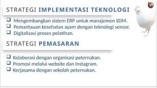 EDUGREAT – COPYRIGHT 2020. ALL RIGHTS RESERVED 10
E
G
 Mengembangkan sistem ERP untuk manajemen SDM.
 Pemantauan kesehatan ayam dengan teknologi sensor.
 Digitalisasi proses pelatihan.
STRATEGI IMPLEMENTASI TEKNOLOGI
 Kolaborasi dengan organisasi peternakan.
 Promosi melalui website dan Instagram.
 Kerjasama dengan sekolah peternakan.
STRATEGI PEMASARAN
 