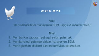 Visi:
Menjadi fasilitator manajemen SDM unggul di industri broiler.
Misi:
1. Memberikan program sebagai solusi peternak.
2. Mendampingi peternak dalam manajemen SDM.
3. Meningkatkan efisiensi dan produktivitas peternakan.
VISI & MISI
 