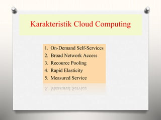 Karakteristik Cloud Computing
1. On-Demand Self-Services
2. Broad Network Access
3. Recource Pooling
4. Rapid Elasticity
5. Measured Service
 