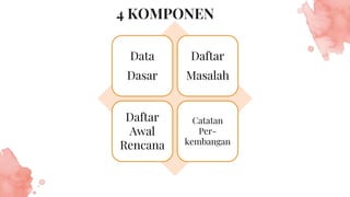 Data
Dasar
Daftar
Masalah
Daftar
Awal
Rencana
Catatan
Per-
kembangan
4 KOMPONEN
 