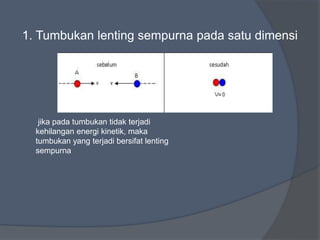 1. Tumbukan lenting sempurna pada satu dimensi
jika pada tumbukan tidak terjadi
kehilangan energi kinetik, maka
tumbukan yang terjadi bersifat lenting
sempurna
 