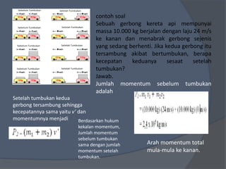 contoh soal
Sebuah gerbong kereta api mempunyai
massa 10.000 kg berjalan dengan laju 24 m/s
ke kanan dan menabrak gerbong sejenis
yang sedang berhenti. Jika kedua gerbong itu
tersambung akibat bertumbukan, berapa
kecepatan keduanya sesaat setelah
tumbukan?
Jawab.
Jumlah momentum sebelum tumbukan
adalah
Arah momentum total
mula-mula ke kanan.
Setelah tumbukan kedua
gerbong tersambung sehingga
kecepatannya sama yaitu v’ dan
momentumnya menjadi Berdasarkan hukum
kekalan momentum,
Jumlah momentum
sebelum tumbukan
sama dengan jumlah
momentum setelah
tumbukan.
 