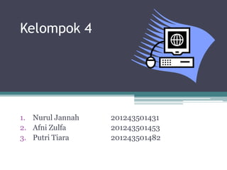 Kelompok 4

1. Nurul Jannah
2. Afni Zulfa
3. Putri Tiara

201243501431
201243501453
201243501482

 