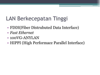 LAN Berkecepatan Tinggi
•
•
•
•

FDDI(Fiber Distrubuted Data Interface)
Fast Ethernet
100VG-ANYLAN
HIPPI (High Performace Parallel Interface)

 